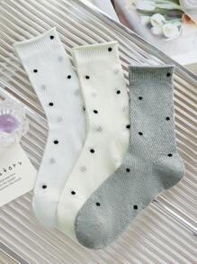 6 Pairs Of Women's Socks, Ribbed Edge Polka Dot Women's Crew Socks, Daily Time Casual Sports And Out Wear
