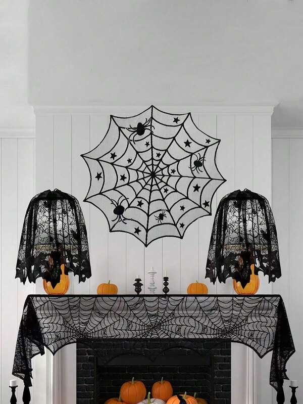 3Pcs/Set Halloween Fireplace Cloth Halloween Tablecloth Halloween Decoration Spiderweb Spider Web Tablecloth Black Table Cloths Black Lace Spiderweb Mantle Lampshade Fireplace Mantle