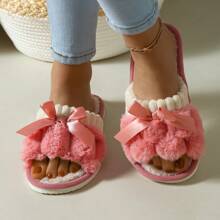 Women's Plush Bow Slippers - Suitable For All Seasons Indoor Household Shoes, Cute Home Slippers