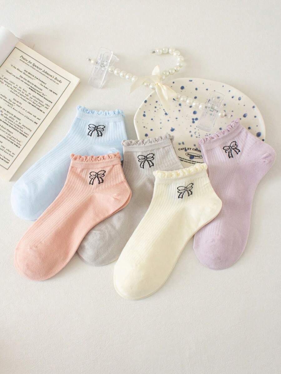 5/10 par krótkich skarpetek zdobionych kokardką, koronkowe wykończenie, śliczne skarpetki do kostki z niskim wycięciem, miękkie, oddychające, modne skarpetki żeglarskie, odpowiednie do codziennego noszenia, latem i jesienią