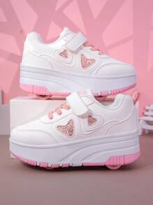 儿童四轮溜冰鞋，可拆卸可变换运动鞋，时尚休闲运动鞋，带钩环扣，适合男孩和女孩