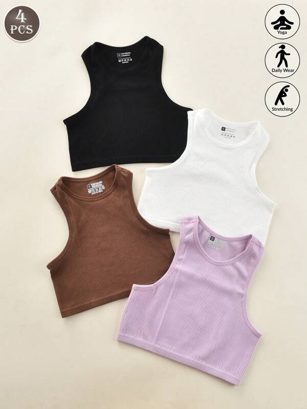 4pcs Women's Cropped Fitted Racerback Sports Bra, Multi-Color Seamless Workout Tops