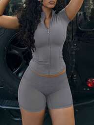 LovelyWholesale Women'S Casual Stand Up Collar Short Sleeved Zipper Top And Shorts Yoga Set Summer