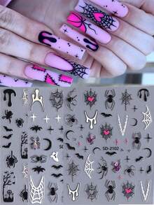5D 卡通万圣节指甲贴纸 2/5 件黑白粉色幽灵蜘蛛心蛛网蝙蝠星星月亮水滴怪异设计 DIY 秋冬 Y2K 自粘凝胶抛光贴花滑块美甲装饰美甲用品