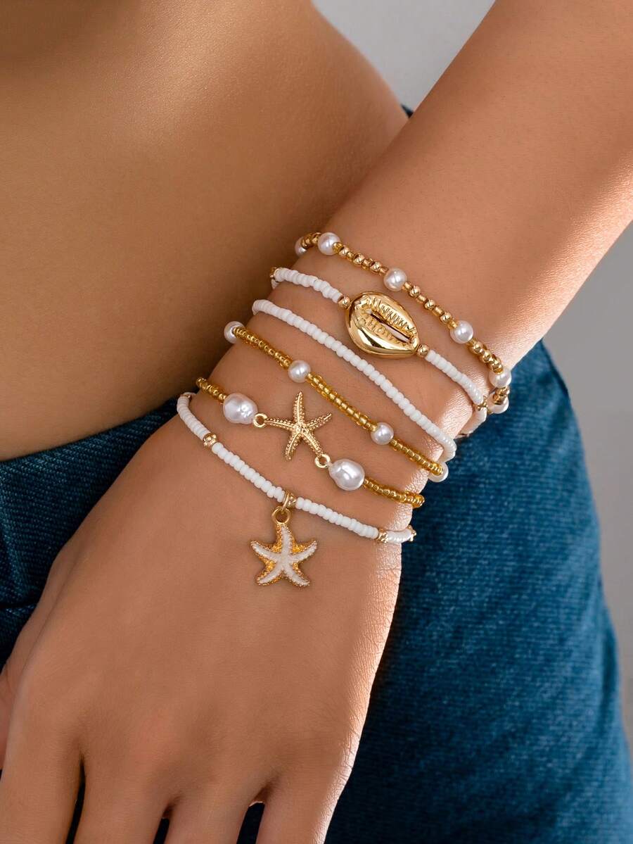 6件套夏季海洋风贝壳海星手链套装，波西米亚风迷你串珠手链，时尚女士波西米亚风饰品，适合度假、海滩旅行、日常佩戴 - 彩色 - 查看 1