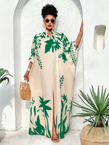 BIUBIU Women's Plus Size Spring/Summer Sunshine/Plant Element Printed Shoulder Length Loose Arabic Front Mid Slit Long Skirt, Is An Important Fashion Item For Spring Vacation