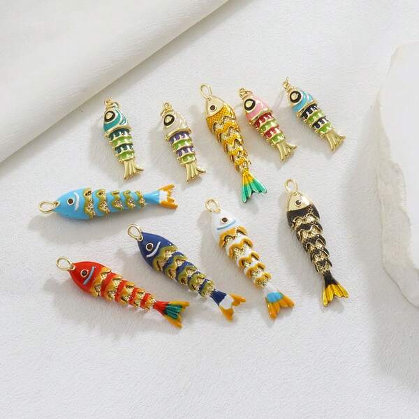 1 pieza Colgante de esmalte colorido con diseño de pez de la suerte, versátil para pulsera, collar, aretes