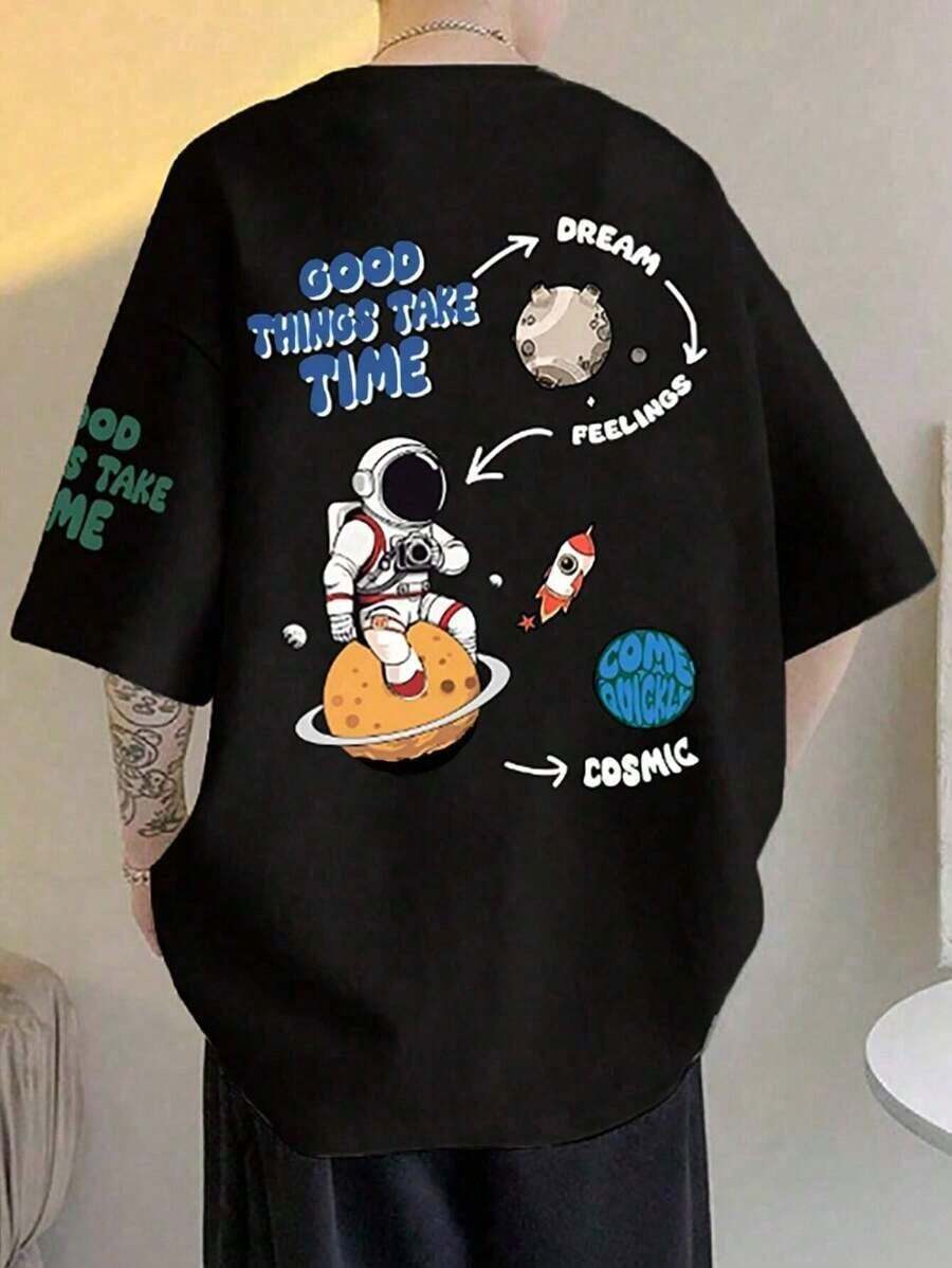 CAMISETA Masculina Algodão Adulto Plus Size Infantil Streetwear Casual Astronauta Cosmic - Preto - Visão 1