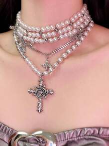 3pcs/Set Fashionable Luxury Exquisite Unique Design Punk Style Cross Pearl Layered Necklace, Versatile For Daily Wear And Parties