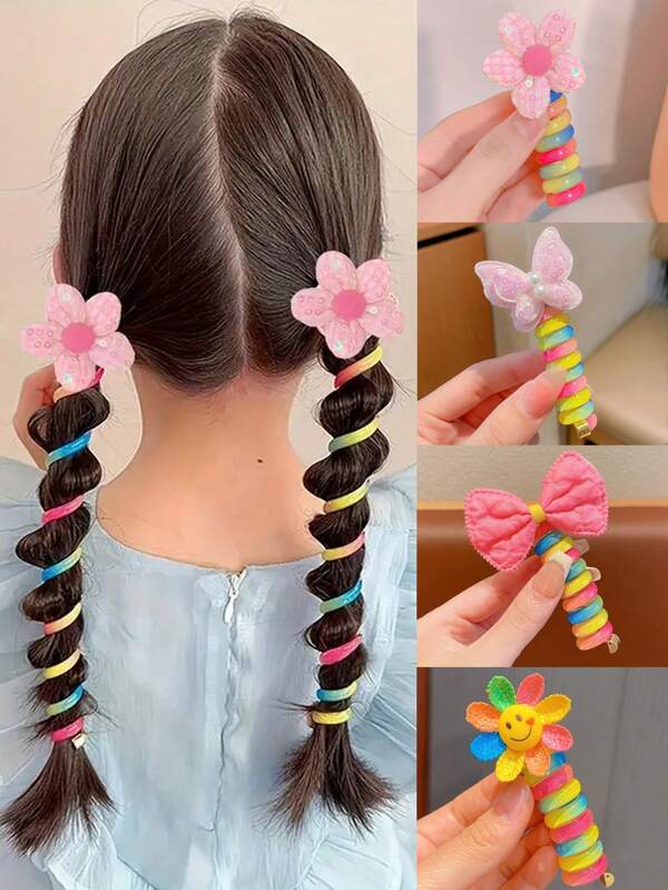 2pcs Cute Cartoon Children Phone Wire Hair Ties, Suitable For High Ponytail Hairstyle, Daily Wear, School, Outing, Party, Performance, Fashionable And Sweet Girls Hair Accessory (Random Color)