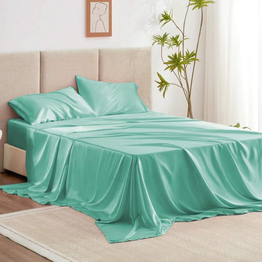 Full Satin Bed Linen Set, 4 Piece, Aqua, Silky Soft, Luxury Feeling, Wrinkle Resistant, Deep Pockets, Fitted & Flat Sheets, 2 Pillowcases - 卡其色 - 查看 1