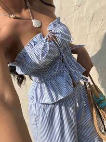 2 件女式条纹裤和条纹前系带荷叶边下摆短款上衣，蓝色和白色 - 藍白色 - 查看 8