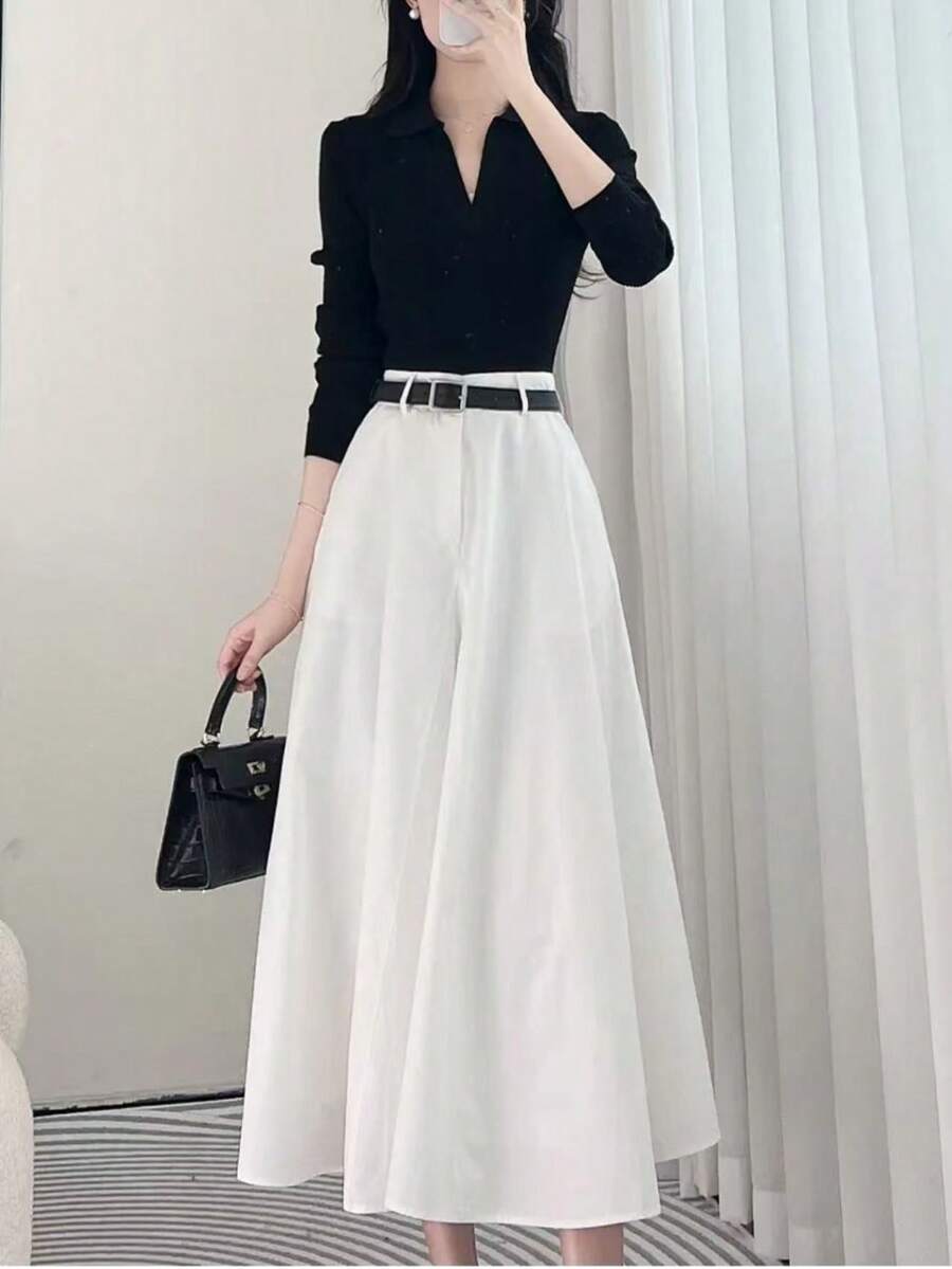 Solid Color High Waist Skirt With Pockets On Both Sides And Wide Hem - 白色 - 查看 1
