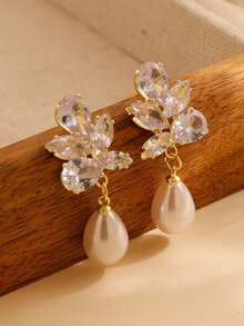 2 件铜锆石珍珠耳钉，优雅精致的新娘婚礼耳环，百搭迷人的配饰 - 耳環 - 查看 1