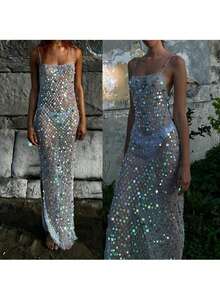 Women Sheer Dress, Spaghetti Straps Backless Sequins See-Through Slit Dress Summer  Long Dress - 藍色 - 查看 5