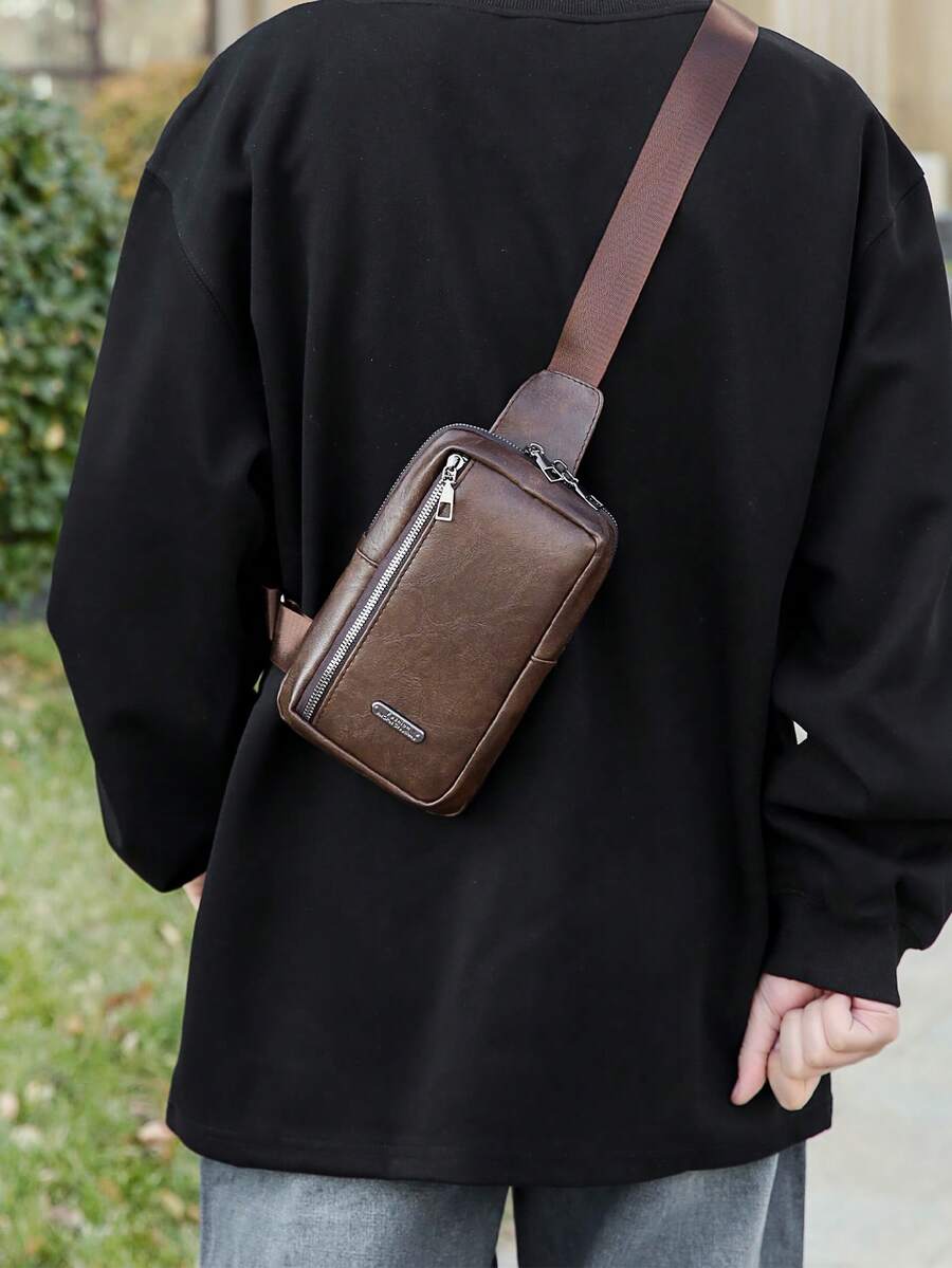 Men's Sling Bag, New Valentine's Day Design, Waterproof Material, Lightweight And Comfortable, Spacious Interior, Suitable For Campus, Outdoor, Street And Other Occasions, Retro Style - Brown - View 1