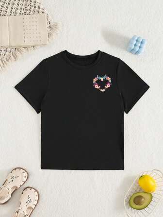 Kinder T-shirt 2025 Zomer Nieuwe Stijl Meisjes Ronde Hals Korte Mouwen Enkel Top Meisjes Letter Zomer Stijl Kleding