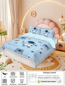 Astronaut Exploration Theme Duvet Cover Set, Cartoon Animal Hippo Bedding Set For Boy Girl Room Decor, 4pcs 1 Duvet Cover + 2 Pillowcases + 1 Flat Sheet, No Fill - D - View 5