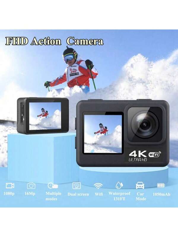 4K HD Sports Camera, Dual Screen Ultimate Experience With Rechargeable Battery, 32GB Memory Card And 170° Wide Angle Lens, Protective Case Included - Capture Your Adventures In Stunning Clarity And Detail, Extreme Sports, Modern Camera, Reliable Construction, Action Camera, Content Creators, Travel Vlogging, Compact Design, Highquality Lens, Adventure Seekers(Equipped With A 1050mAh High-Capacity Battery)