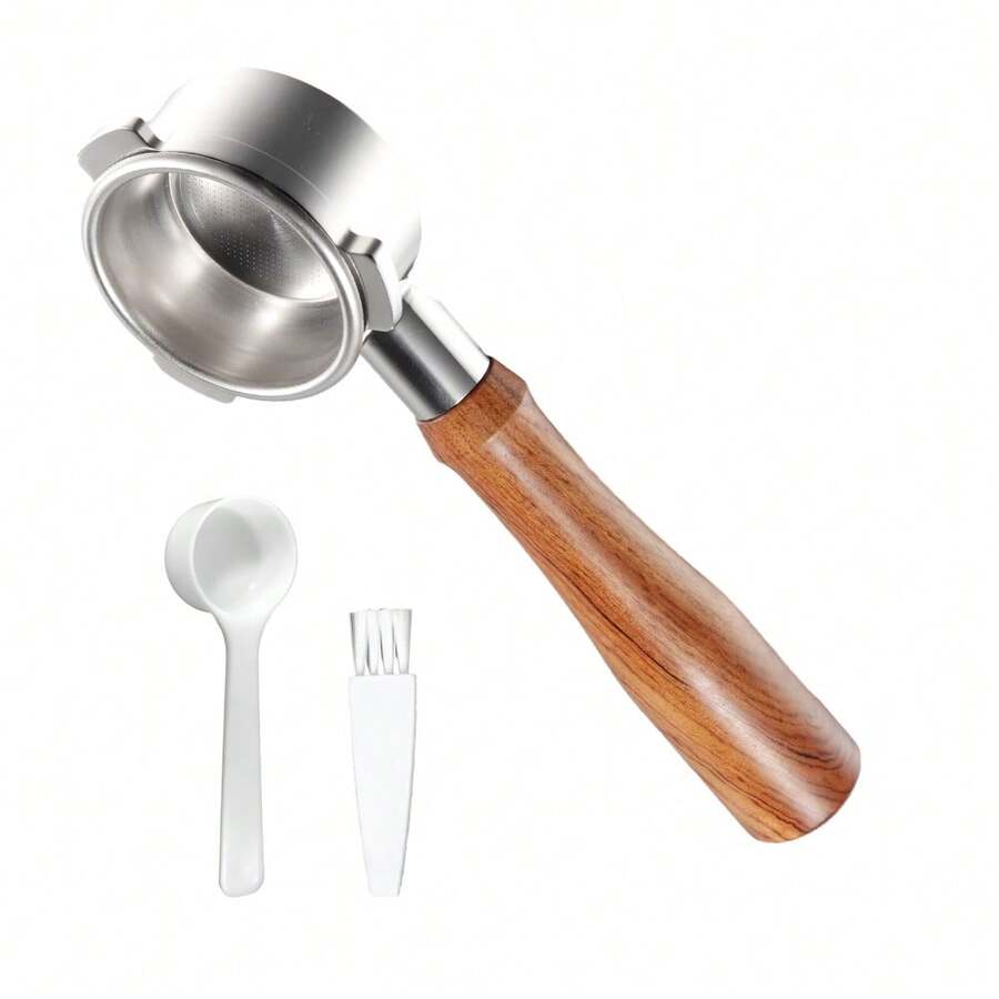 54mm Bottomless Portafilter 3 Ears Expresso Bottomless Naked Portafilter Stainless Steel And Solid Wood Filter / Basket / Spoon And Cleaning Brush Included Replacement Parts Compatible With Breville BES870/875/878/880 Machines - Silver - View 1