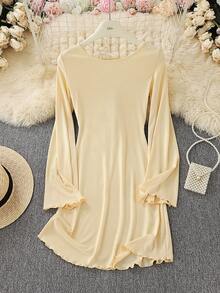 时尚性感圆领纯色喇叭袖镂空系带A字迷你连衣裙，优雅 - 杏色 - 查看 3