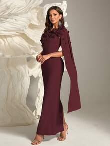 优雅女士长款派对礼服，不对称领口，披肩袖，饰有贴花 - 酒紅色 - 查看 4