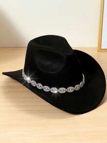 1pc Stylish Polyester Black Cowboy Hat - Rhinestone-Embellished For Western Fashion Fans - Multicolor - View 5