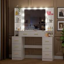 110cm White Dressing Table Set With Led Lighting Mirror, Drawers & Open Multi-Level Shelves, Adjustable Brightness, Large Vanity Makeup Desk Bedroom, Modern Design Bedroom Furniture - White - View 6