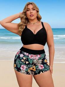 Swim Lushoire Plus Size 2pcs Spaghetti Strap V-Neck Push Up Drawstring Solid Color Tankini Swimwear Set With Shorts, Suitable For Pool, Beach, Holiday - Black - View 3