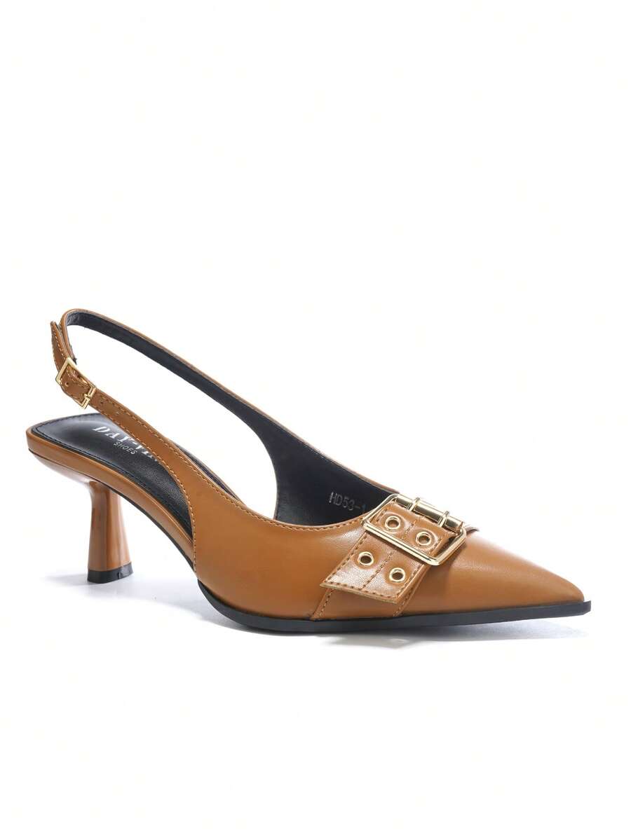 RevReaL Pointed Toe Slingback Heels With Double Buckle Detail - Minimalist Chic Pumps - Camel - View 1