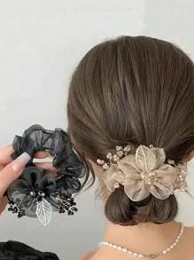 2 pezzi/1 pezzo Accessori per capelli da donna in pizzo e fiori, design elegante con applicazioni in rete e cristalli, elastici ornamentali adatti per feste, vacanze e uso quotidiano, compatibili con vari stili di capelli, utilizzabili in tutte le stagioni, scrunchies, elastici per capelli, accessori per capelli, fermacode, fasce elastiche per capelli, pastiglie per capelli