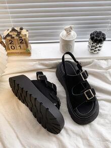 女士厚底凉鞋，露趾镂空坡跟凉鞋，休闲套脚拖鞋，适合夏季度假，可搭配连衣裙和沙滩装，厚底拖鞋 - 黑色 - 查看 5