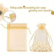 100pcs Gold Organza Gift Bags, 4x6 Inches Candy Mesh Drawstring Gift Bags For Christmas, Wedding, Party, Jewelry, Cosmetic, Transparent Lightweight Fruit Protection Bags