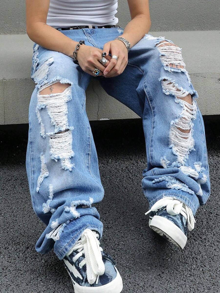 Mens Ripped Baggy Jeans Loose Fit Distressed Denim Pants Light Wash Y2K Streetwear Wide Leg Style - Medium Wash - View 1