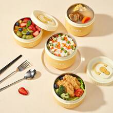 便携式 304 不锈钢保温饭盒，带餐具和午餐袋，可爱图案防漏便当盒，可微波炉加热和热水加热，隔热防烫午餐盒，可重复使用的水果沙拉食品储存容器，适合学生和成人在学校、办公室、户外露营、野餐、旅行中使用