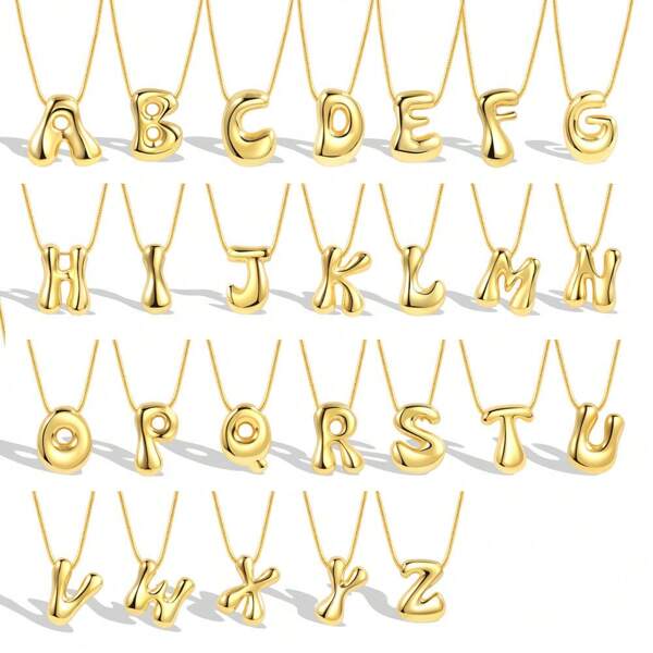 1pc Asymmetrical 3D Bold Letter Pendant Necklace For Women, Stainless Steel Snake Chain, Stylish