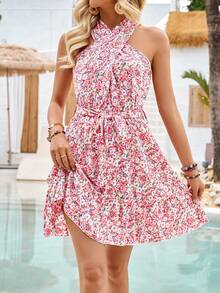 Vestido Corto Casual Con Estampado Colgante De Cuello De Ver - Rosa - Ver 3