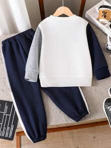 Conjunto de moletom com capuz e calça com painel contrastante para meninos pré-adolescentes, quente - Azul Real - Ver 2