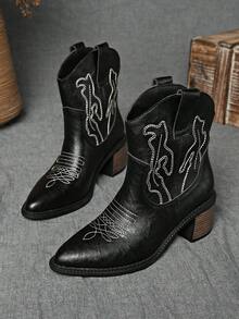 Women's Classic Western Cowboy Boots, Vintage Embroidered Pattern, Comfortable Chunky Heel, Mid-Calf, Suitable For Autumn/Winter Casual & Daily Wear, Black Fashion Boots, Premium Leather Material, Western Style,Cowgirl Boots,Coachella - Black - View 2