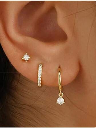 3 Pares de pendientes de aro dorados: Pendientes de botón delicados, pendientes colgantes hipoalergénicos chapados en oro de 14K para cartílago, pendientes abrazaderas para mujeres, joyas de oro para mujeres y niñas, regalos