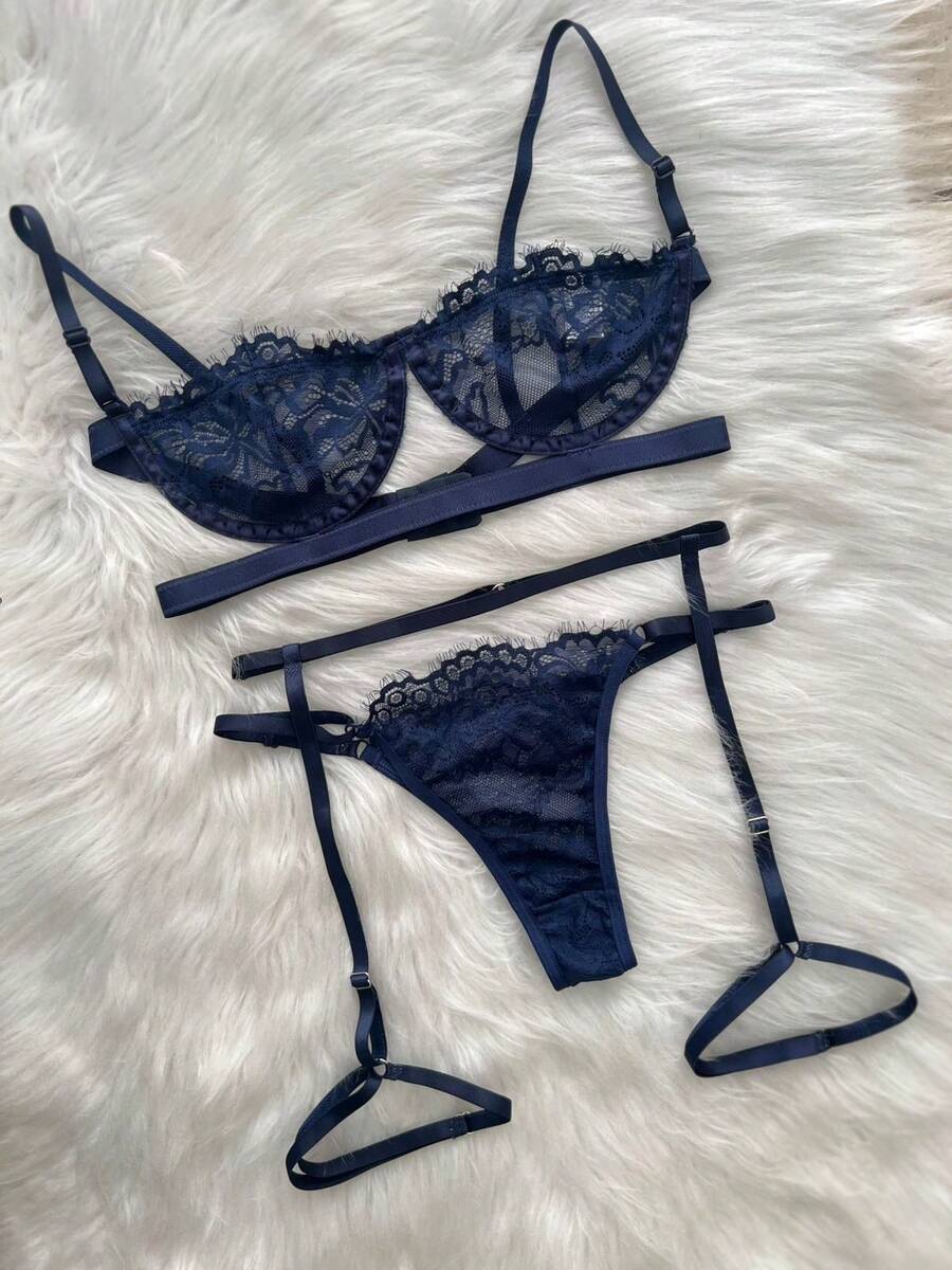 Mit. Lingerie Gringa Sexy Set Kit Bra With Underwire And Adjustable Panties + Garter Belt - Màu xanh lam - Xem 1