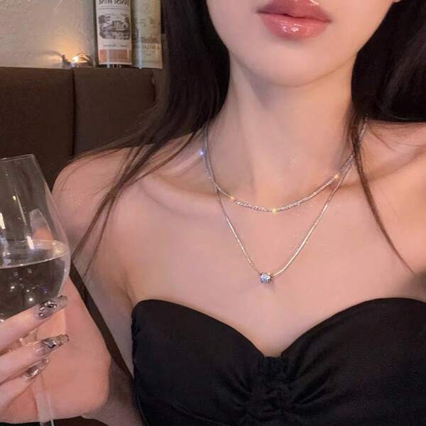 1pc Double-Layer Rhinestone Hip Hop Short Waist Sweater Chain Necklace For Women