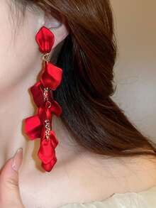 1 对玫瑰花瓣长耳环，时尚优雅百搭女士配饰 - 紅色-耳夾 - 查看 5