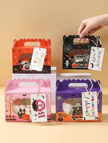 4pcs Halloween Candy Box With Window, Halloween Decorations Cookie Box Gift Box, Trick Or Treat Party Favors Box, Halloween Party Gift Wrapping Supplies Packing Box For Cupcakes, Donuts, Candy, Pies, Halloween Party Supplies,Purple Orange Black And Pink Style - Multicolor - View 4
