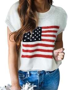 7月4日加大码美国国旗印花针织毛衣 - 白色 - 查看 8