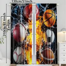 2pcs Classic Polyester Sport Themed Blackout Curtains Set, Dynamic Ice & Fire Design With Baseball, Football, Soccer & Basketball, Ideal For Boys Bedroom Window Treatment