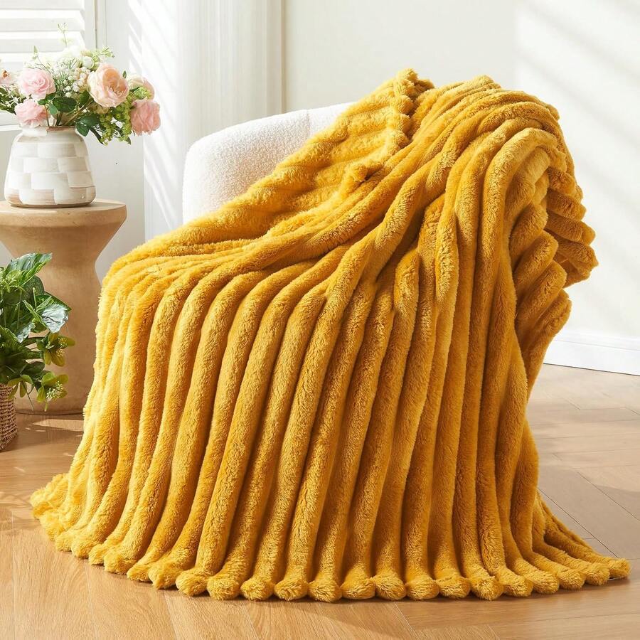 Super Soft King Blanket Pink Premium Silky Flannel Fleece 3D Ribbed Jacquard Lightweight Bed Blanket All Season Use (Pink Ribbed, King(90"X110")) - Mustard Yellow Ribbed - View 1
