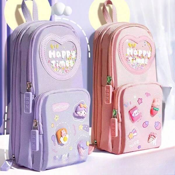 Handgehaltene Rucksack Federmappe, süßes Cartoon schmutzresistentes Segeltuch 3-Lagen Stifteetui mit großer Kapazität, Schulmaterial-Aufbewahrungstasche, Schulmaterialien, Rückkehr zur Schule