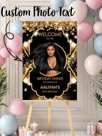1pc Personalized Black & Gold Birthday Party Poster, Customized Birthday Party Welcome Sign, Frameless Birthday Party Poster, Customized Photo & Text Canvas Poster, Birthday Welcome Board Wall Decor, Minimalist Birthday Party Sign