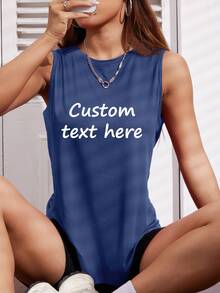 定制女式背心，添加您的文字，选择您喜欢的颜色和字体，设计您自己的个性化印花短袖 T 恤，周年纪念礼物，情人节，定制礼物，情人节，定制女式上衣，送给女朋友/家人的礼物，母亲节礼物，生日礼物，结婚礼物等。文字定制，上衣，女式上衣文字印花女式背心，定制女式上衣，定制夏季女式短款上衣 - 霧霾藍 - 查看 1